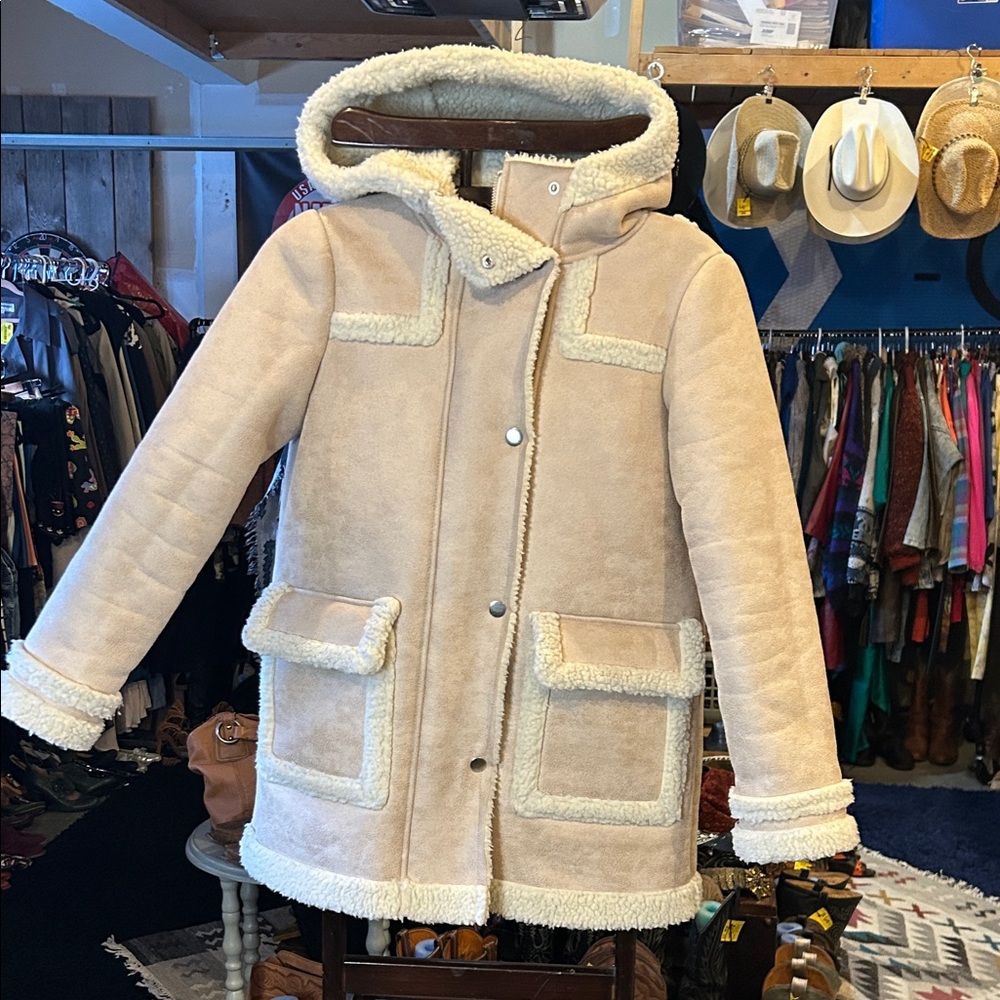 Maje Cream Teddy and Sherpa Shearling inspired Jacket with Sherpa Trim